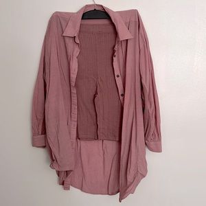 Free People Pink Striped Pajama Set with Oversized Button Down and Biker Shorts